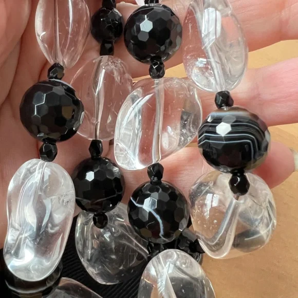 HUGE VINTAGE ROCK CRYSTAL & BANDED AGATE FACETED BEADS LONG CUSTOM MADE NECKLACE